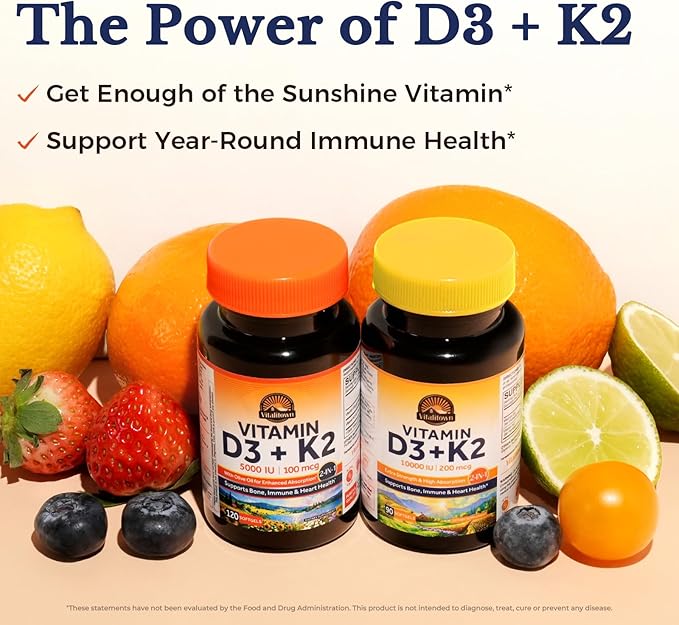 Complément Vitamine D3 K2 Vitalitown, D3 5000 UI, Vitamine K2 MK-7 100 mcg, Sans OGM, Sans Gluten ni Soja, pour la Santé des Os, des Dents, du Système Immunitaire et Cardiaque, 120 Gélules Molles