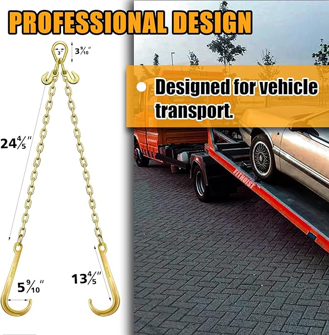 Grade 80 Chain V-Bridle | 5/16In x 2Ft Towing Chains Bridle with J Hooks and Grab Hooks | Tow Chain 5,400LBS Safe Working Load | for Flatbed Truck Rollback Wrecker Carrier