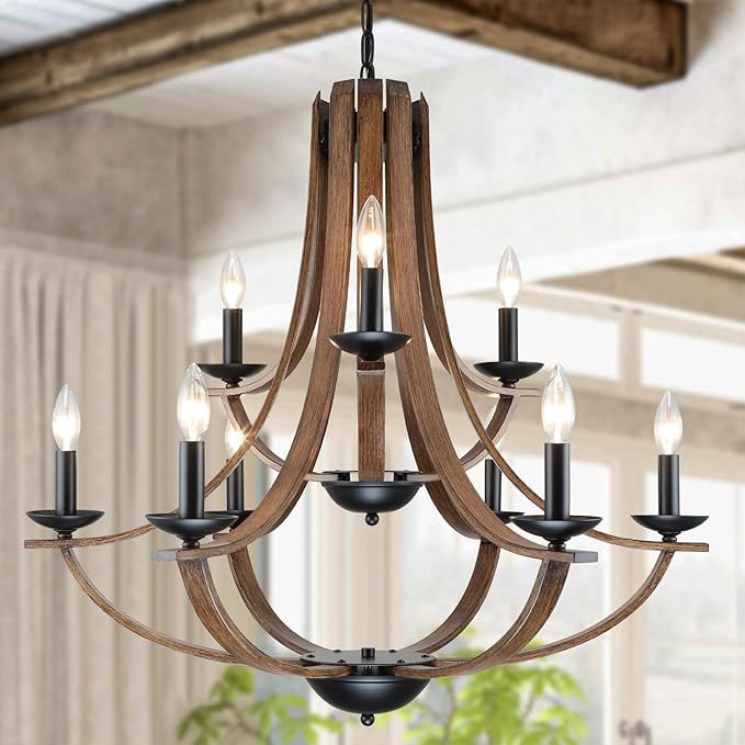 LAMPKEDUO Farmhouse Chandeliers for Dining Room Light Fixture, 2 Tier 9-Light 31" Black with Faux Wood Texture Rustic Adjustable Height Chandelier for Living Room Bedroom Foyer Entryway