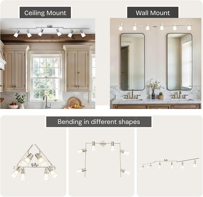 6-Light Decorative Track Lighting Kit, Brushed Steel Finish Flush Mount Ceiling Light Fixture with Frosted Glass Shades, Foldable Z-Bar, E26 Adjustable Heads Provide Directional Light