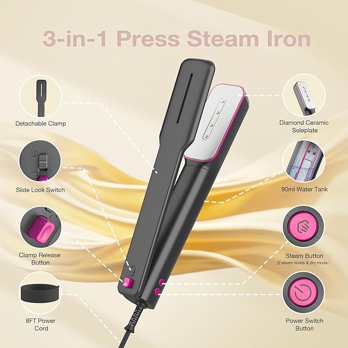 Newbealer 3in1 Travel Iron, 100-240V Clothes Steamer,2 Steam Levels,Ashpink | Portable for On-the-Go, Heats in 20s, Dry Iron w/ Clamp, 180° Rotatable Head, 360° Leak-Proof, Auto-Off, Self-Cleaning, 90ml