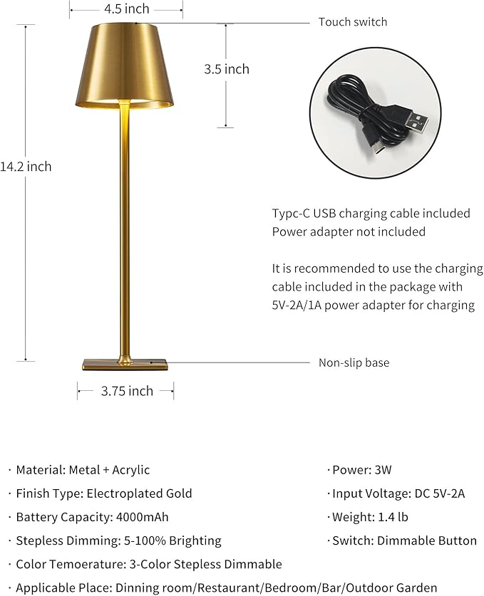 KDG 2 Pack Cordless Table Lamp,Portable LED Desk Lamp, 4000mAh Battery Operated, 3 Color Stepless Dimming Up, for Restaurant/Bedroom/Bars/Outdoor Party/Camping/Coffee Shop Night Light(Gold)