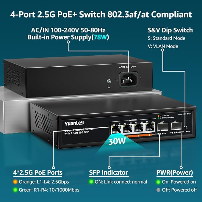 YuanLey 6 Port 2.5G PoE Switch Unmanaged, 4 x 2.5G Base-T PoE Ports, 2 x 10G SFP, IEEE802.3af/at, 78W, Compatible with 100/1000/2500Mbps, Metal Fanless, VLAN, Desktop/Wall Mount 2.5Gbe Network Switch