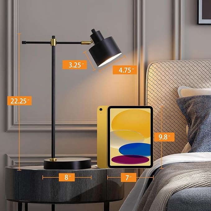 OYEARS 22.2" Modern Desk Lamp, Metal Table Lamp with LED Bulb, Adjustable Reading Lamps for Living Room, Mid Century Task Lamp for Home Office, Industrial Bedside Lamps with Solid Base,Black