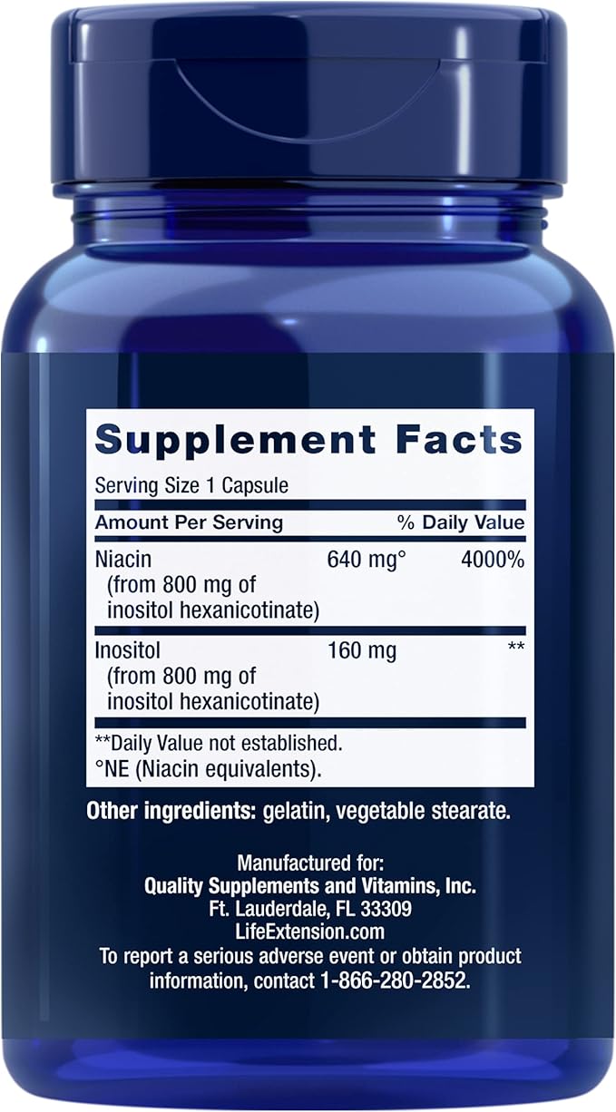 Life Extension Niacine sans rougissement, B3 pour la santé cardiaque, le cholestérol et l'énergie, sans OGM, sans gluten, 100 gélules (lot de 2)
