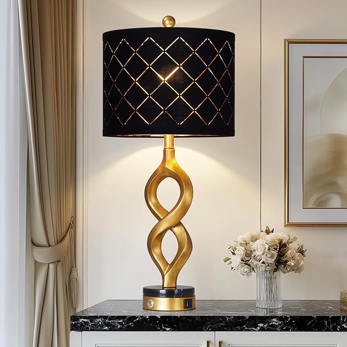Cinyirong 30" Black and Gold Table Lamp for Living Room, Modern Touch Control Bedside Lamp for Bedroom, 3-Way Dimmable Sculptural Resin Nightstand Lamp with USB A+C Ports and 1 LED Bulb (1 Pack)