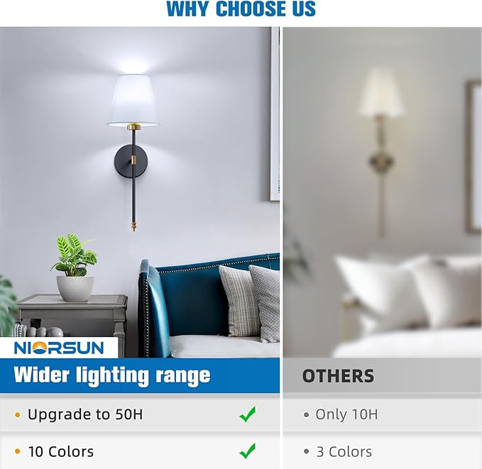NIORSUN 19.9 inch Battery Operated Wall Sconce Set of 2,Gold-Black Rechargeable Wall Lights with 10400mAh Dimmable Detachable Bulbs and Remote, Wireless Sconces for Bedroom Living Room Hallway