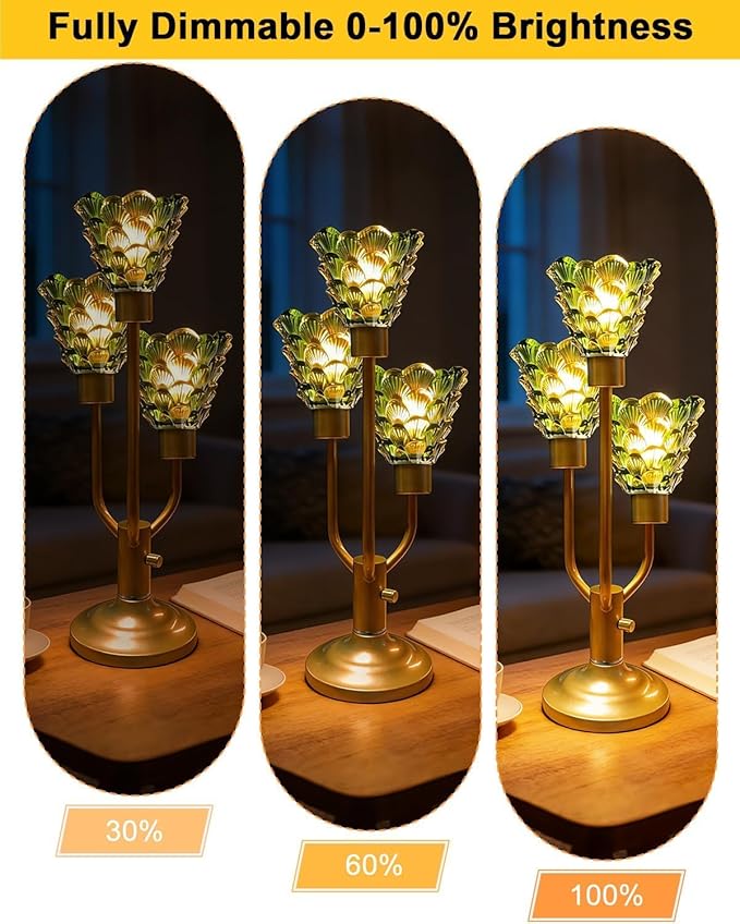 Mid Century Modern Vintage Table Lamp Dimmable Nightstand Lamp with Green Glass Gold Desk Lamp 3 Bulbs Included Warmwhite Ambient Bedside Lamps for Bedroom Living Room Office Home Decor