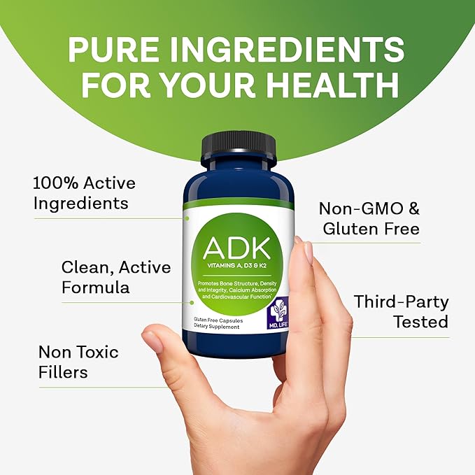 MD.LIFE ADK Vitamin Supplement – Vitamin D3 K2 and A Complex – 120 Capsules – High Potency Vitamin ADK for Bone and Heart Health Support