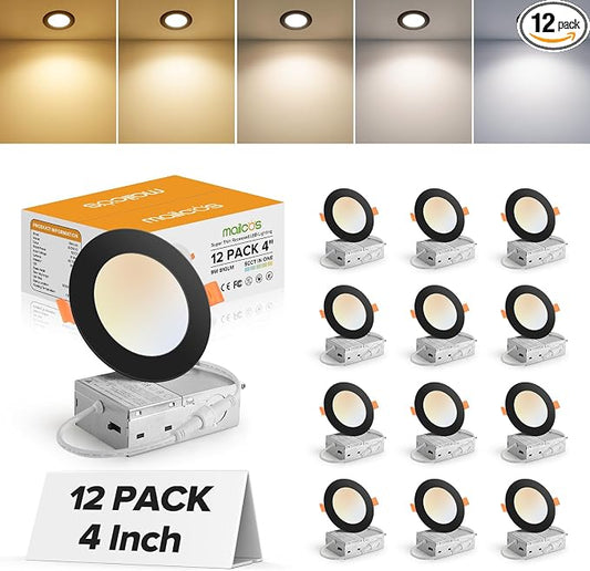 MAILCOS 12 Pack 4 Inch 5CCT Black Ultra-Thin LED Recessed Ceiling Light with Junction Box, 2700K-5000K Selectable, 810LM High Brightness, Dimmable Canless Wafer Downlight, 9W 120V, ETL