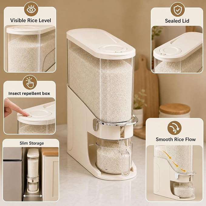 Rice Dispenser 11 Lb, Slim Rice Storage Container with Double Sealing Strip, Press to Dispense Cereal Container Airtight for Kitchen Pantry Organization, (Creamy Yellow-11lb)