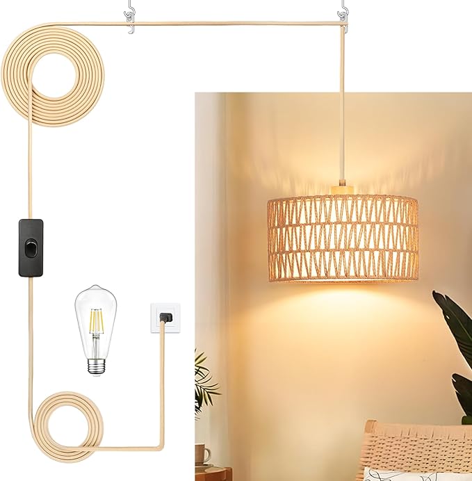 Qingmiao Boho Plug in Pendant Light, Rattan Hanging Lamp Plug in with Woven Shade, 3-Way Dimmable Hanging Light Fixture for Living Room Bedroom Kitchen Ceiling Home Decor