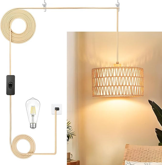 Qingmiao Boho Plug in Pendant Light, Rattan Hanging Lamp Plug in with Woven Shade, 3-Way Dimmable Hanging Light Fixture for Living Room Bedroom Kitchen Ceiling Home Decor