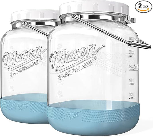 2 Pack Square Wide Mouth Mason Jars, 1 Gallon Glass Jar With Airtight Lid and Scale Marks, 128 FL Oz/3785 ML Food Storage Containers with Handles & Non-slip Bases - for Flour, Rice, Pickling