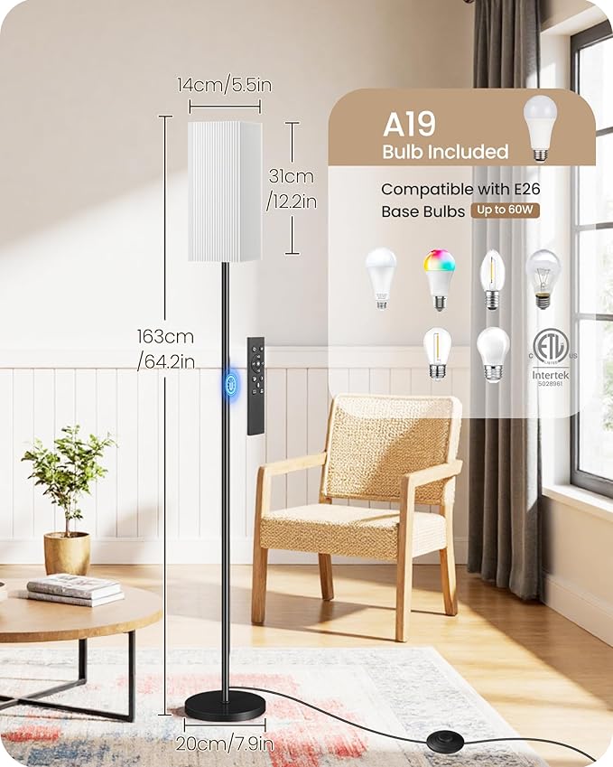 2Pack 64.2” Dimmable Floor Lamp for Living Room with Remote & Foot Switch, Corner Floor Lamp for Bedroom, Includes A19 Bulb, Modern Standing Tall Lamp, ETL Listed White and Black CW17LDP205