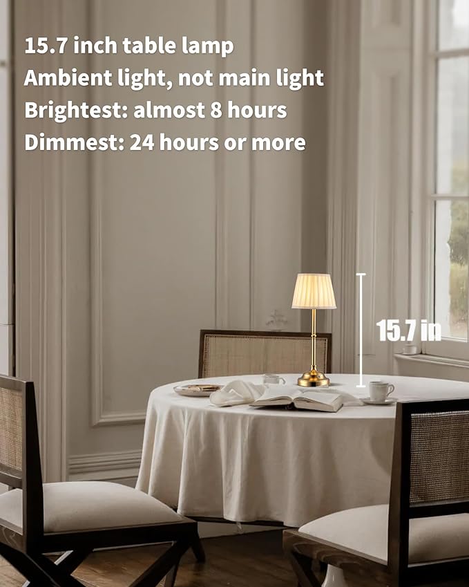 KDG Portables Cordless Table Lamp, Fabric Shade Desk Lamp, 4000mAh Rechargeable Battery Powered Lighting, Dimmable Light for Dining Room, Bedroom, Bedside, Bar, Night Light, Camping, Balcony (Gold)