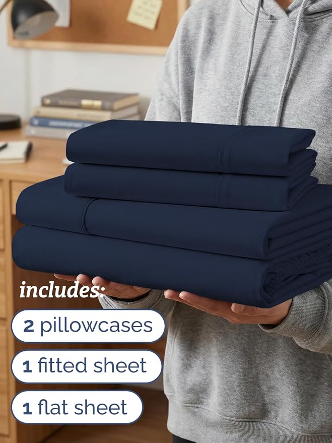 Twin XL 4 Piece Sheet Set - Comfy Breathable & Cooling - Ultra-Soft Hotel Luxury Bedding Set w/ 8-16 Inch Deep Pockets - 1 Flat & 1 Fitted Sheet & 2 Pillowcases - Wrinkle Free & Easy Care - Navy Blue