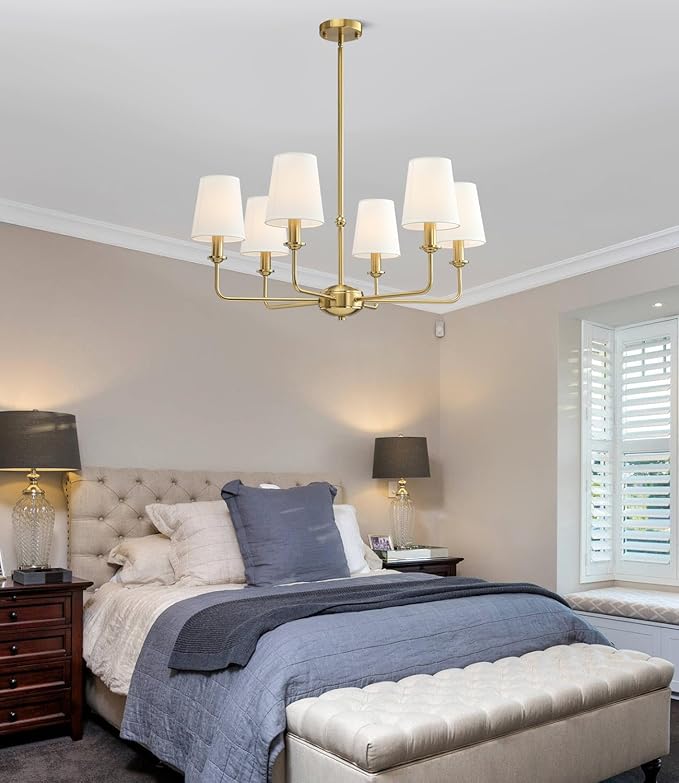 6-Light Brushed Gold Pendant Chandelier with Fabric Shades, E12 Base - Farmhouse & Industrial Style for Kitchen, Living Room, Dining Room, or Bedroom Lighting