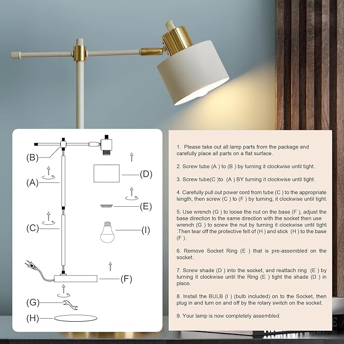 OYEARS 22.2" Modern Desk Lamp, Metal Table Lamp with LED Bulb, Adjustable Reading Lamps for Living Room, Mid Century Task Lamp for Home Office, Industrial Bedside Lamps, Cream and Gold