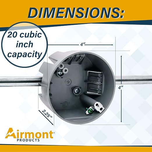 (4 Pack) Round PVC Electrical Box With Adjustable Bar, For New Work, Bar Adjusts From 16 to 24 Inches, Grey Fixture Box, 20 Cubic Inch Capacity, Supports Up To 50 lbs., For Non-Metallic Sheathed Cable
