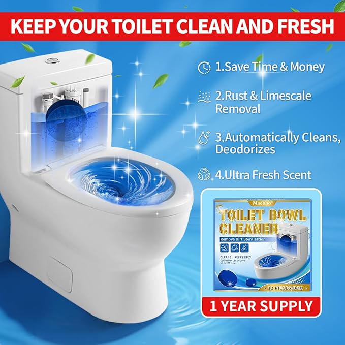 自動トイレボウルクリーナータブレット、12個パック ブルーゲルインタンククリーナー、硬水リングと汚れを除去、浄化槽対応、洗浄・消臭、フレッシュセント、各50g