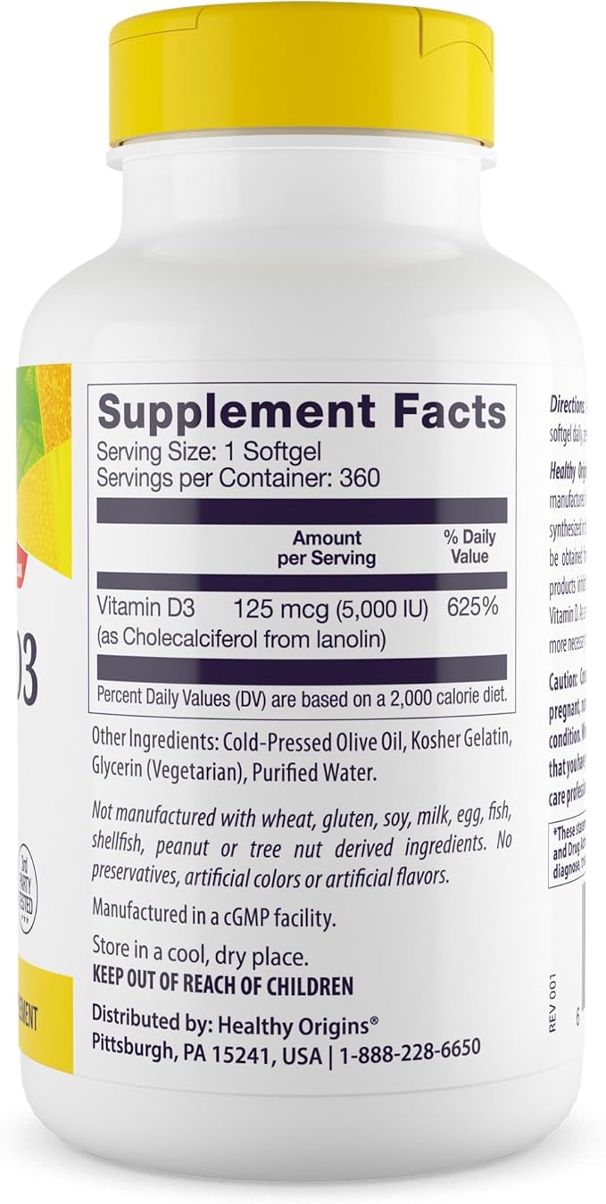 Healthy Origins ビタミンD3（ラノリン）5,000 IU ソフトジェル - 骨の健康と免疫サポートサプリメント - 吸収しやすいビタミンDサプリメント - グルテンフリービタミンD3サプリメント - 360ソフトジェル