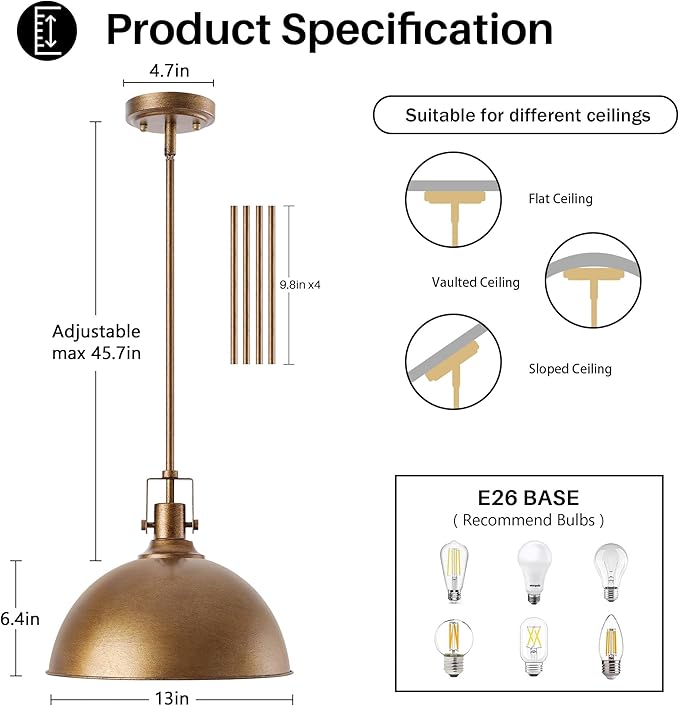 LamQee 13 Inch Antique Brown Metal Pendant Light Kitchen Island, Farmhouse Modern Dome Pendant Light Fixtures Ceiling Hanging Lighting Chandelier for Dining Room Over Table, Bar, Hallway, Entryway