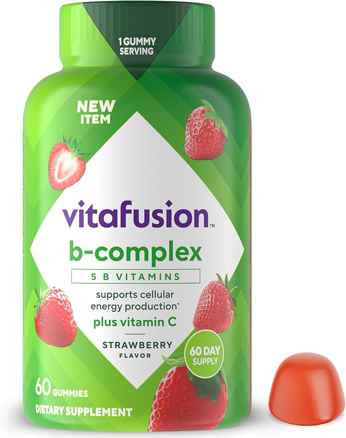 Compléments alimentaires gélifiés vitafusion B-Complex, avec 5 vitamines B pour soutenir la production d'énergie cellulaire (1), plus de la vitamine C, saveur fraise, 60 unités