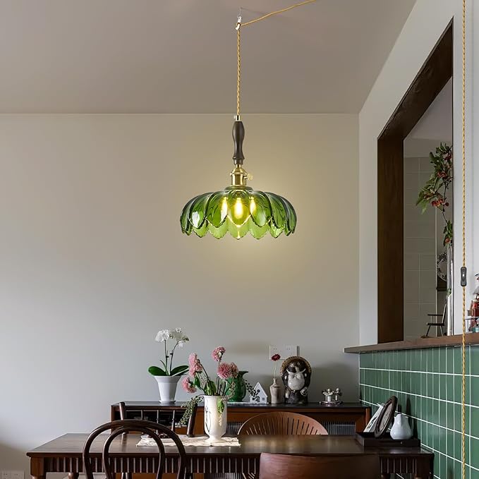 Modern Green Plug in Glass Pendant Light Retro Flower Glass Hanging Lamp Gold Brass Decorative Adjustable Ceiling Hanging Light Suitable for Kitchen Island Bedroom Dining Room Living Room