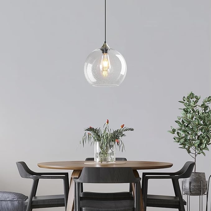 Mikeru Glass Globe Pendant Light Single, 5.9 Inch Clear Bubble Glass Hanging Lamp, Mid Century Modern Pendant Lighting for Kitchen Island Dining Room Bedroom (Bulb Not Included)