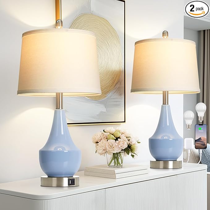 Cinyirong Modern Blue Table Lamp Set of 2, 24" Ceramic Table Lamp with USB A+C Ports,Classic Beside Lamps Nightstand Lamp Modern Lamp for Living Room, Bedroom & Office -LED Bulbs Included