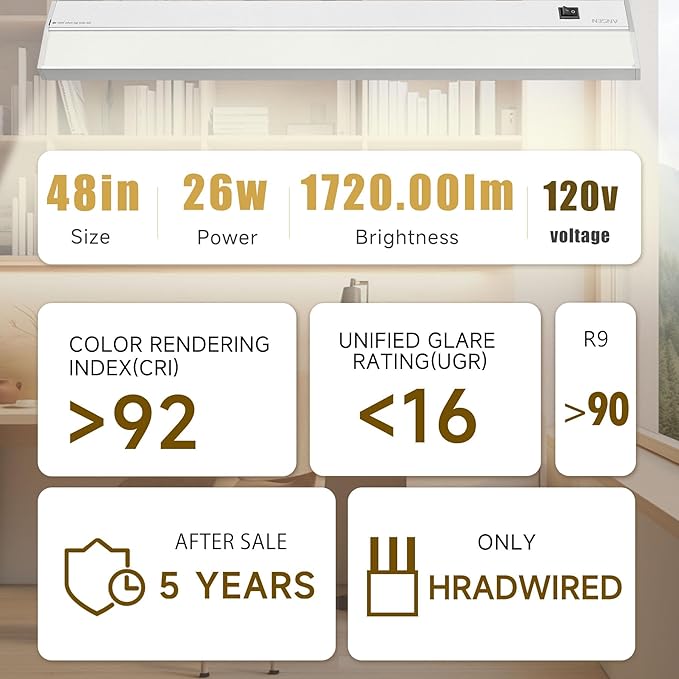 Ansen Hardwired Under Cabinet Lighting, 48in 26W LED Light for Kitchen/Closet, 1720lm, CRI>92, R9>90, Dimmable, 5 Color Temperature, 2700K-5000K(Warm White, Cool White, Daylight)