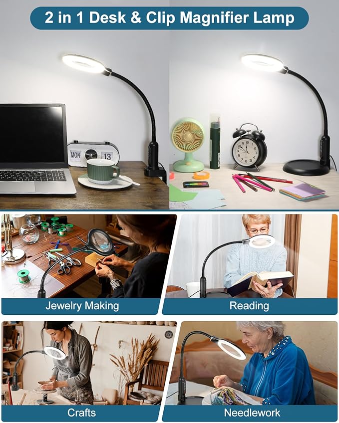 12X Magnifying Glass with Light and Stand, Real Glass, LED 5 Color Modes, Brightness Stepless Dimming Lighted Magnifier Hands Free with Flexible Gooseneck Desk Clamp Lamp for Close Work, Craft, Hobby