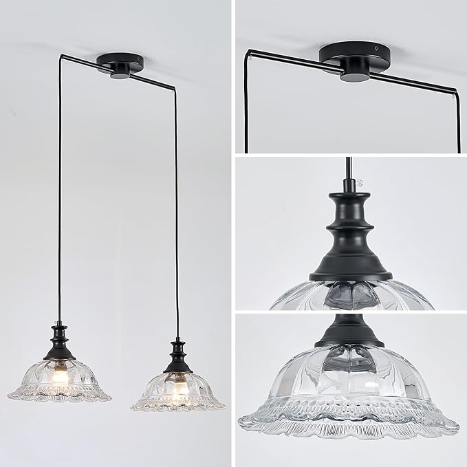 HDDFL 2 Light Pendant Light Fixtures Modern Glass Hanging Lights with Adjustable Cord for Kitchen Island Dining Room Living Room Hallway Black and Clear