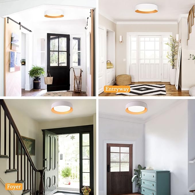 Bargeni 16.5" White Gold Flush Mount Ceiling Light, Dimmable LED Fixture | 30W LED ceiling light with 3000K warm white glow, ideal for hallways, closets, bedrooms and entryways