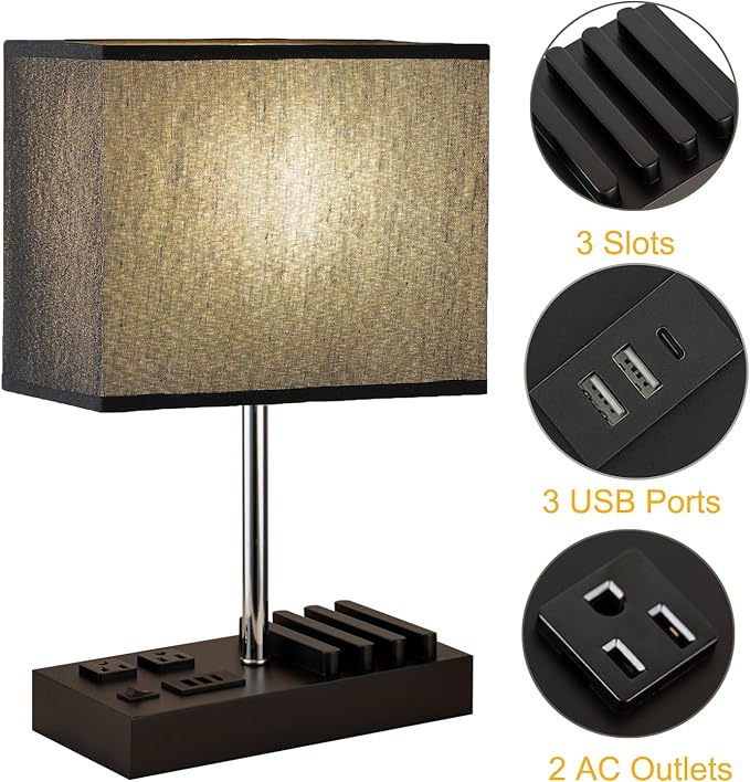 Briever USB Table Lamp, Multi-Functional Desk Lamp with 2 AC Outlets, Bedside Lamp with 3 USB Charging Ports and Wooden Phone Stands, Nightstand Lamp for Bedroom, Livingroom, Office, Black Shade