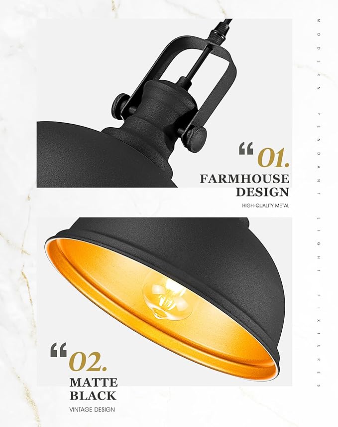 2-Pack Pendant Lights Kitchen Island, Farmhouse Hanging Lights Fixtures with Metal Shade, Rustic Kitchen Pendant Lighting Over Island for Dining Room, Matte Black, AD-2151-1P2L-BK