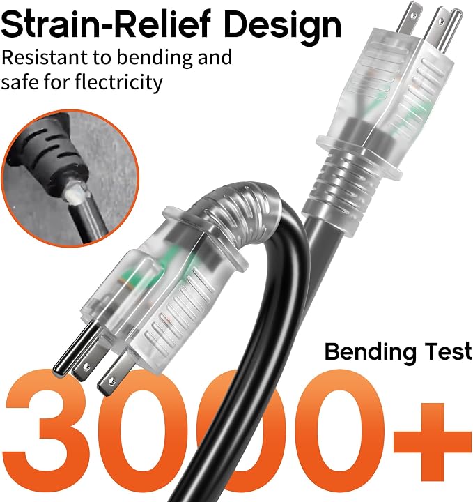 12 Gauge 50 FT Heavy Duty Outdoor Extension Cord Waterproof with Lighted End,Black 12 Gauge Extension Cord Flexible and Cold Resistant 3 Prong Grounded Plug,15Amp 1875W SJTW ETL Listed