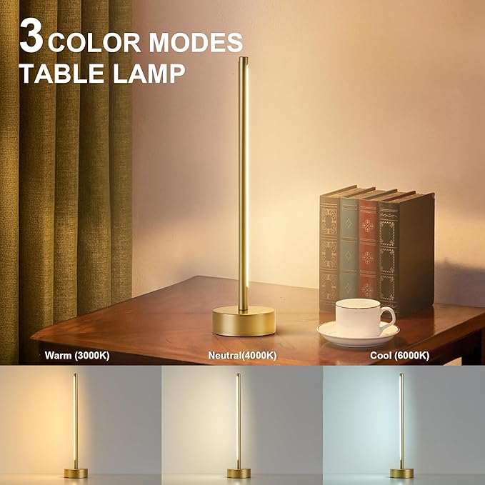 KARTOOSH Cordless LED Table Lamp Set of Two, Battery Operated Portable Desk Lamp,Dimmable/3 Color/Memory Function,Modern Rechargeable Table Light for Living Room,Bedroom,Bedside,Gold, 2 Pack