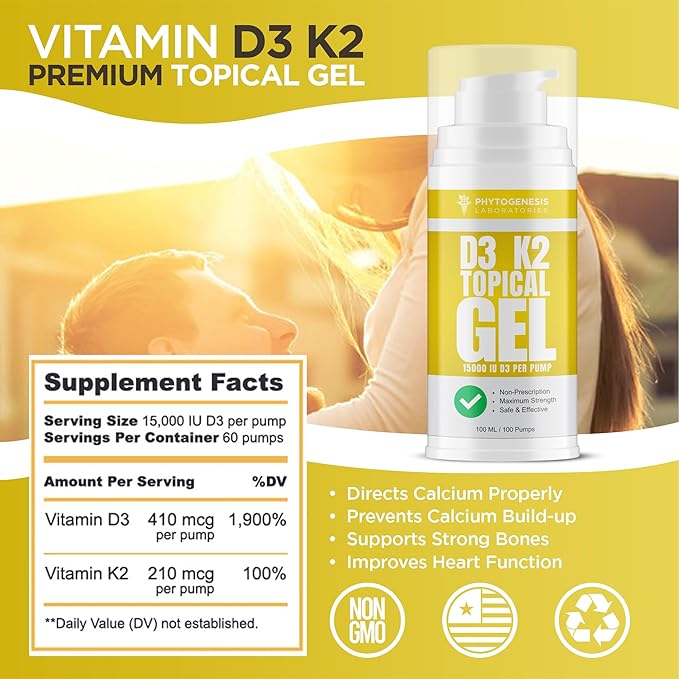 Vitamine D3 K2 Gel Topique Ultra-Puissant - Plus de 15000 UI par Pression - La Vitamine du Soleil - Soutient la Santé des Os et des Articulations, le Soutien Immunitaire - Approvisionnement d'un Mois