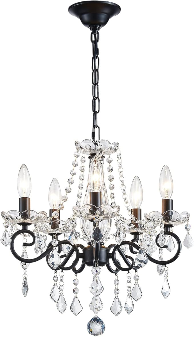 ANJIADENGSHI Small Crystal Chandelier, Modern Black Chandelier Dining Room Light Fixture, Mini Crystal Pendant Light for Bedroom Ceiling Light Fixture for Living Room Entryway Kitchen Island Hallway