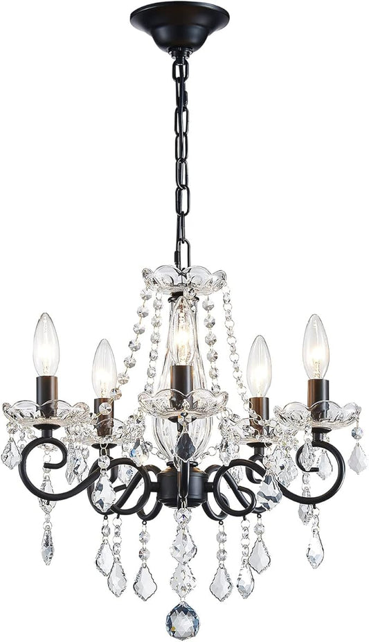 ANJIADENGSHI Small Crystal Chandelier, Modern Black Chandelier Dining Room Light Fixture, Mini Crystal Pendant Light for Bedroom Ceiling Light Fixture for Living Room Entryway Kitchen Island Hallway