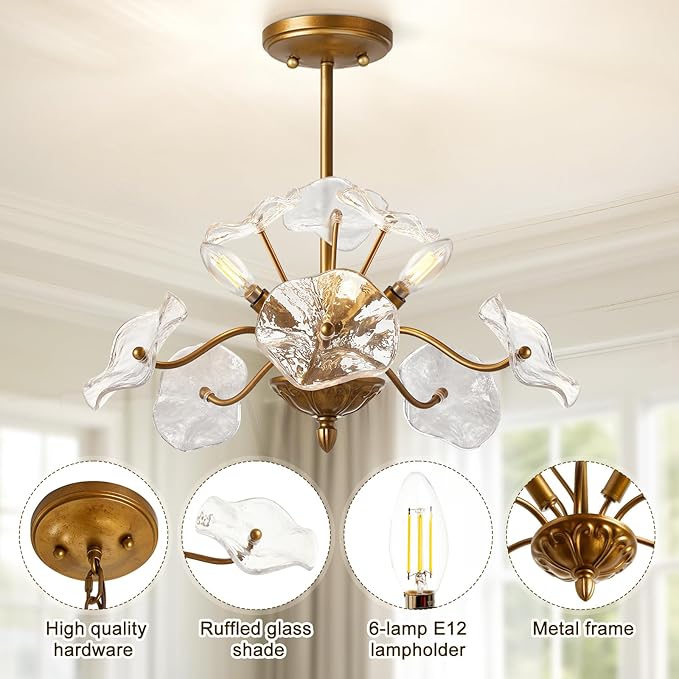 Luvkczc Modern Gold Chandelier,Vintage Brass Flower Glass Pendant Light Fixture,Mid Century Ceiling Light Fixture for Dining Room, Kitchen, Living Room, Bedroom Hallway Porch,3 Lights