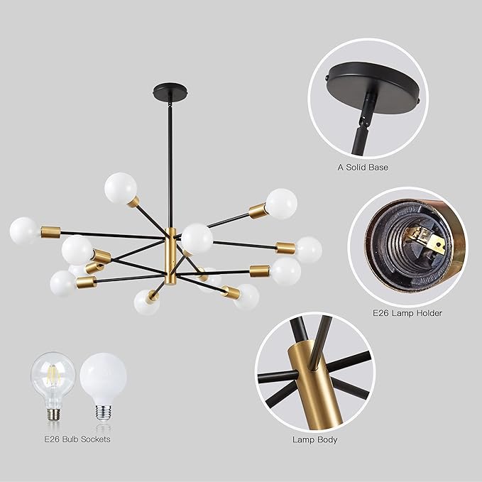 KAISITE Modern Chandelier 12-Light Sputnik Chandeliers Black and Gold Chandelier Light Fixtures for Dining Room Over Table Mid Century Height Adjustable High Ceiling Kitchen Farmhouse Chandelier