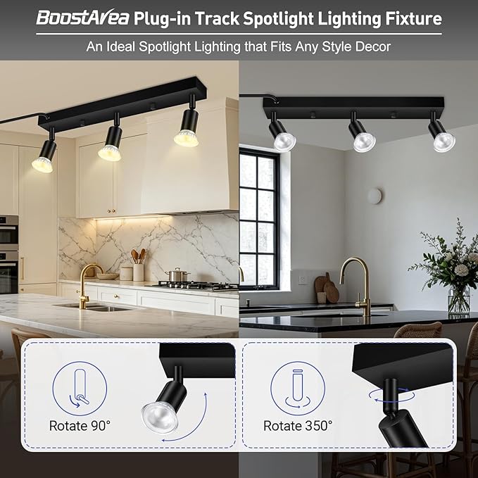 3 Head Plug in Track Light Fixture Black, Easy Install Corded Track Lighting Kit with Switch, Adjustable Directional Spotlight for Kitchen Island Closet Art Display, Modern Ceiling Lamp,15ft Cord