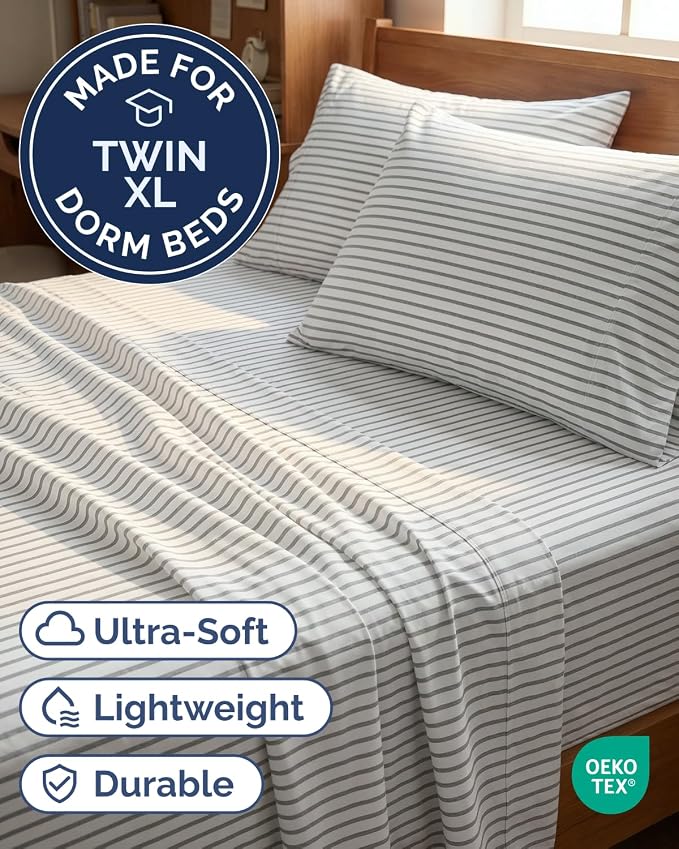Twin XL 4 Piece Sheet Set - Comfy Breathable & Cooling - Soft Hotel Luxury Bedding Set with 8-16 Inch Deep Pockets - 1 Flat & 1 Fitted Sheet & 2 Pillowcases - Wrinkle Free & Easy Care - Grey Stripes 2