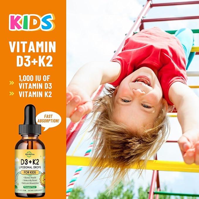 Gouttes de Vitamine D3 K2 pour Enfants, Complément Alimentaire Liquide Liposomal K2 D3 avec Calcium Magnésium Zinc, Vitamine B12, C, E pour des Os, des Dents et un Cœur Solides chez les Enfants et les Adultes, Saveur Ananas 2 Fl Oz