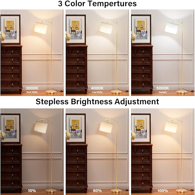 Ambimall 60" Gold Floor Lamp with Remote Control and Stepless Dimmable Bulb, Colors Temperature & Brightness Adjustable, Modern Floor Lamps for Living Room, White Shade & Gold Pole
