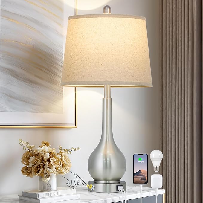 Rinweey 26" Silver Table Lamp for Living Room Single, Touch Control Bedside Lamp with USB Charging Ports, 3-Way Dimmable Brushed Nickel Bedroom Lamp for Nightstand (1 Pack)