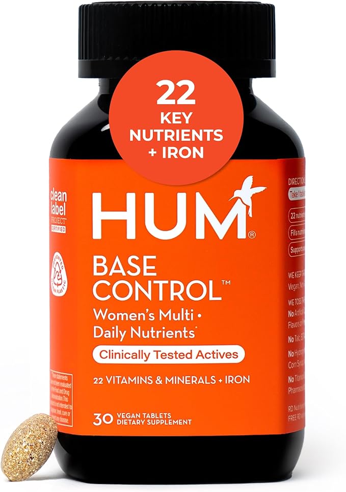 HUM ベースコントロール マルチビタミン（女性用）：ビタミンC、鉄、ビオチン、亜鉛、Bコンプレックス配合、女性向けデイリーマルチビタミン、22種類の必須ビタミンとミネラル配合、更年期前サポート、グルテンフリー、30カプセル